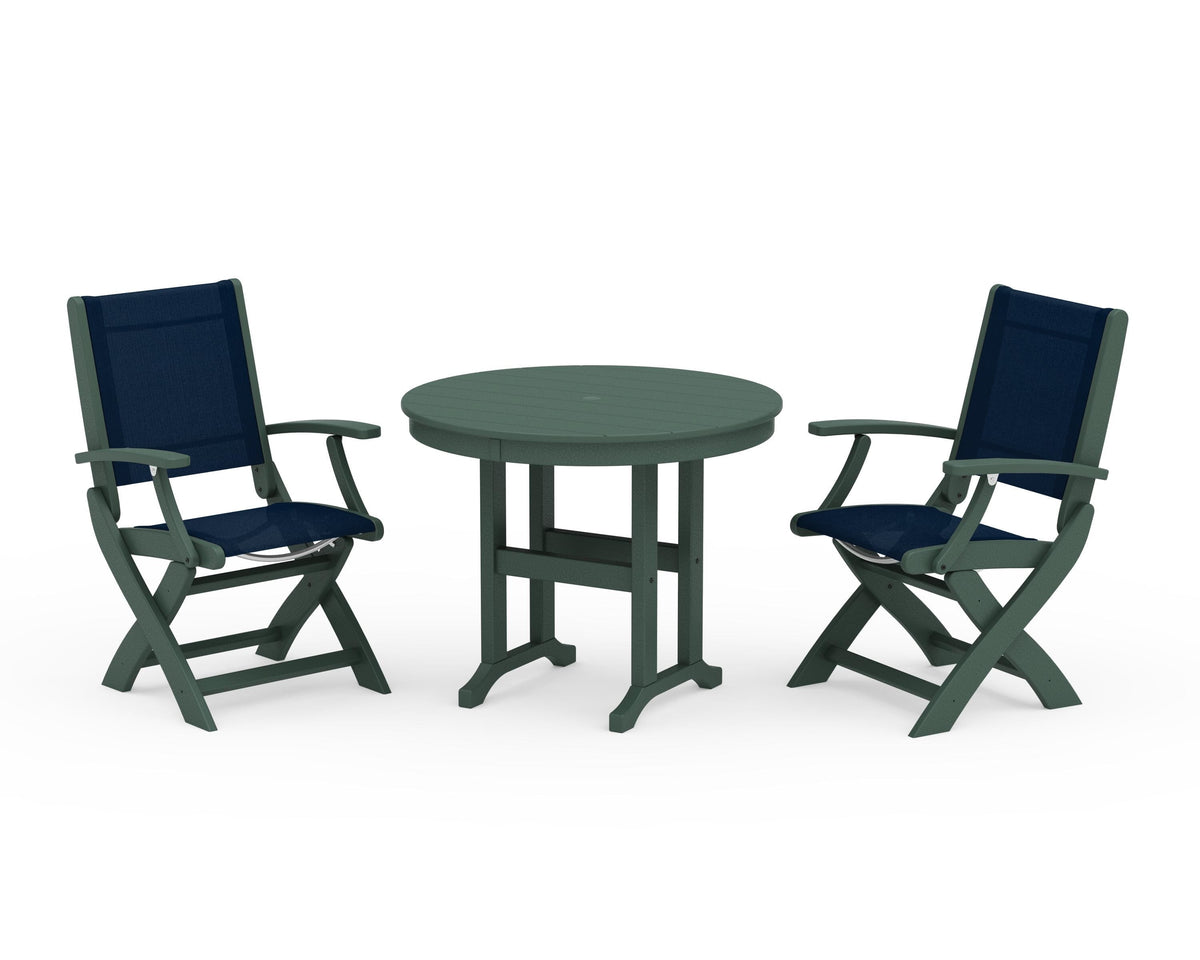 POLYWOOD Coastal Folding Chair 3-Piece Round Dining Set in Green / Navy Blue