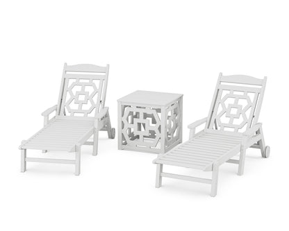 POLYWOOD Chinoiserie 3-Piece Chaise Set with Umbrella Stand Accent Table in White