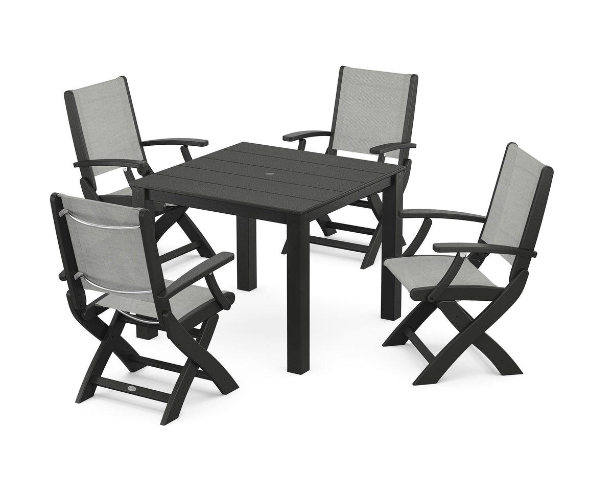 POLYWOOD Coastal Folding Chair 5-Piece Parsons Dining Set in Black / Metallic