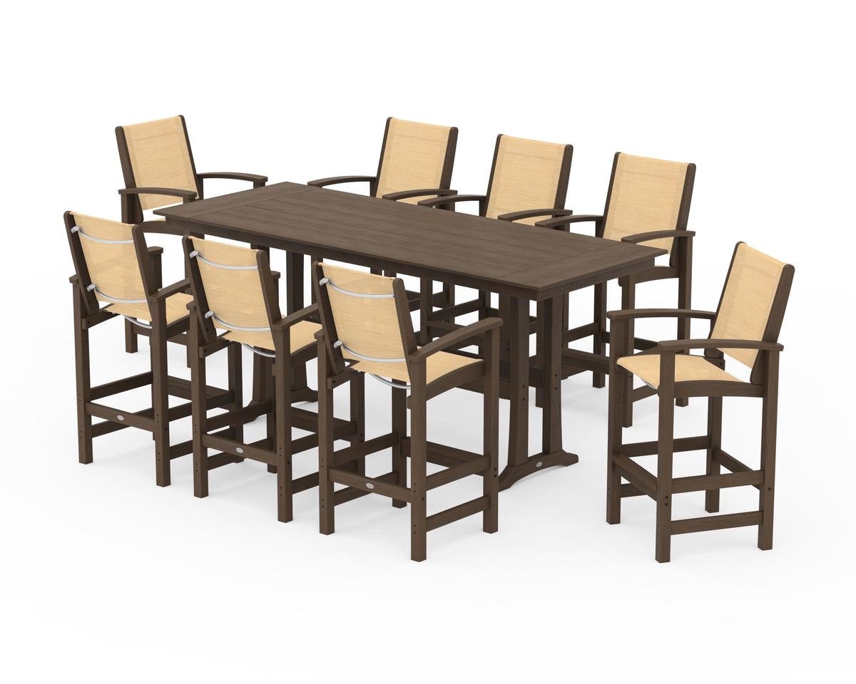 POLYWOOD Coastal 9-Piece Farmhouse Bar Set with Trestle Legs in Kona / Dupioni Apricot