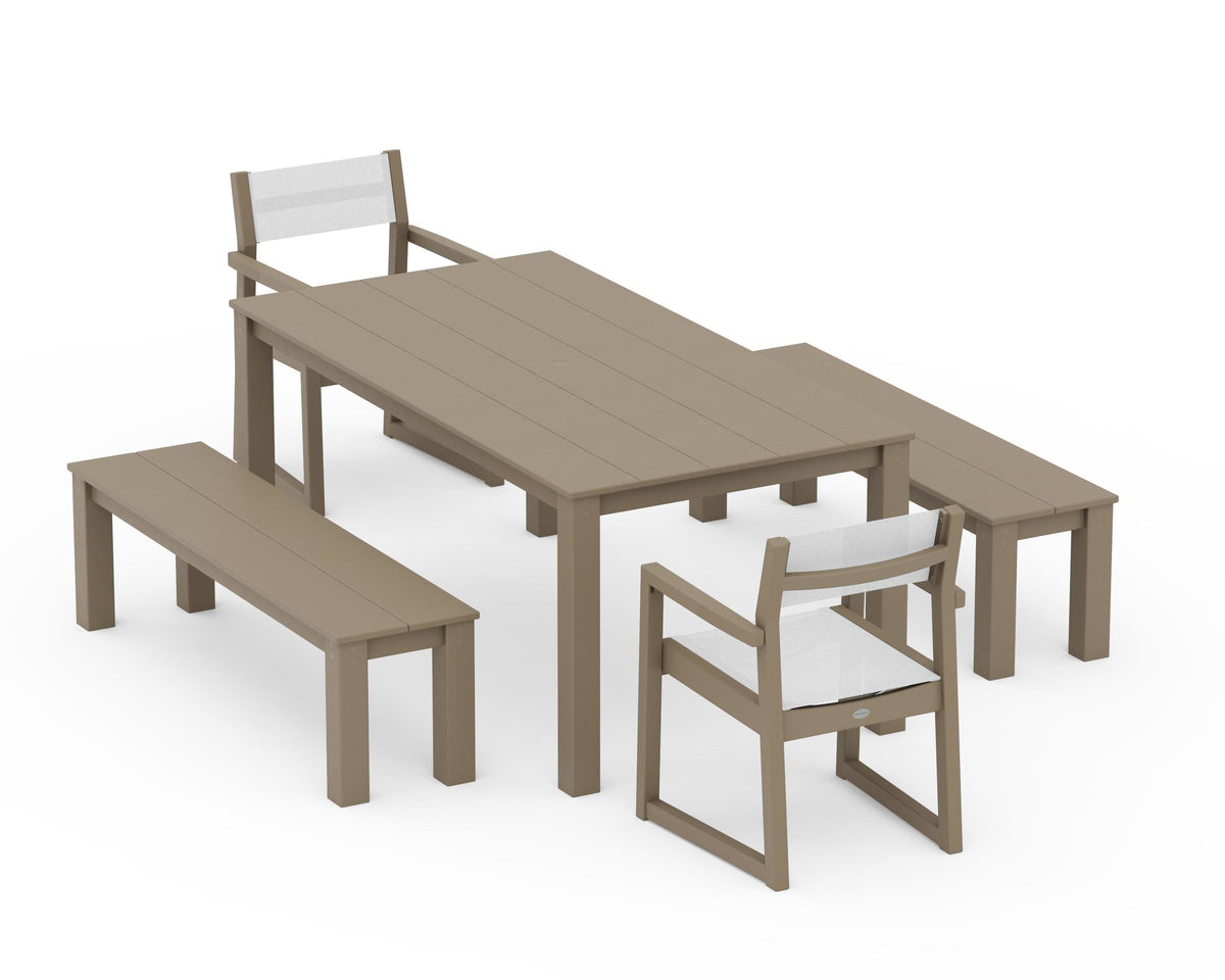 POLYWOOD EDGE Sling Arm Chair 5-Piece Parsons Dining Set with Benches in Vintage Sahara / White