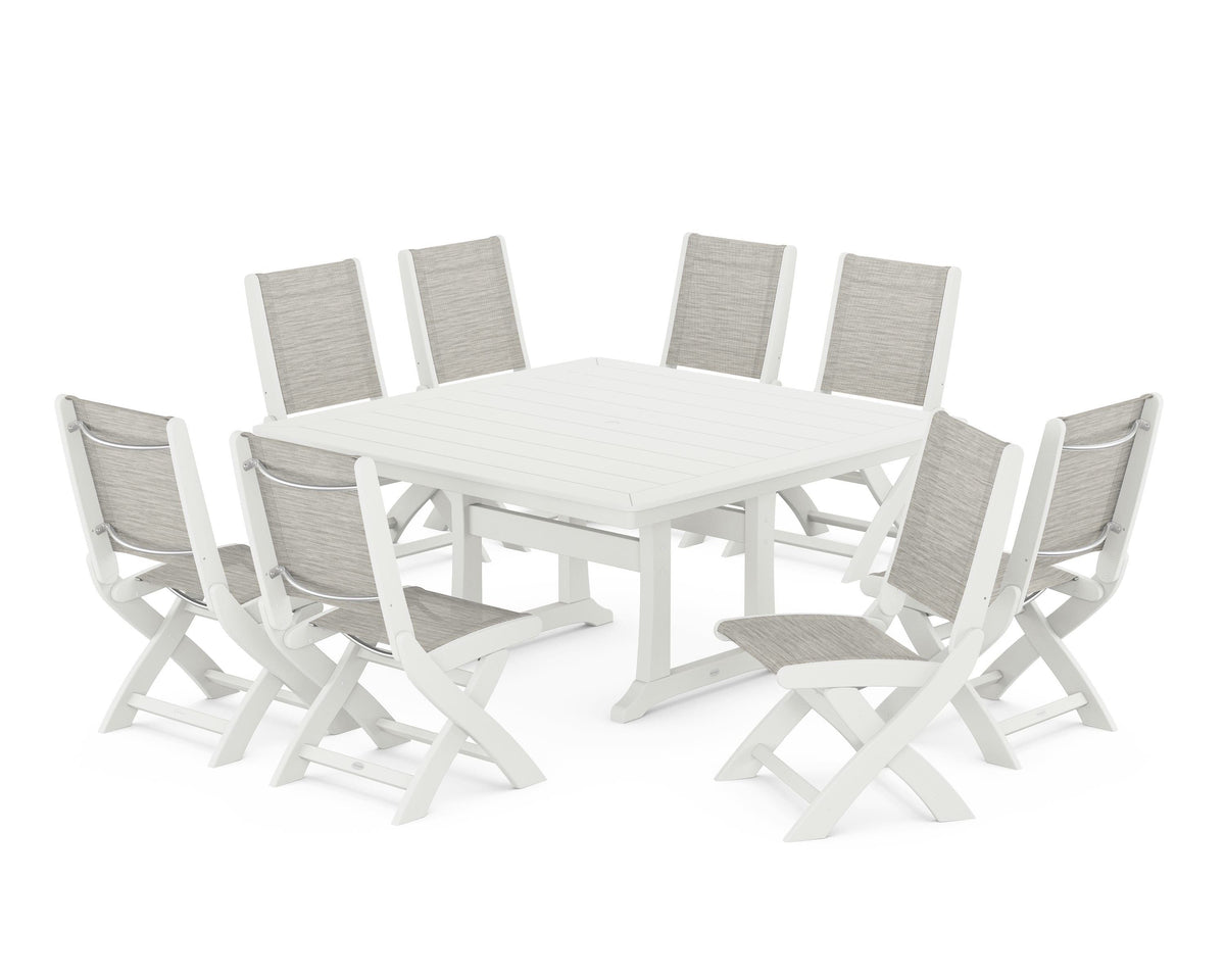 POLYWOOD Coastal Folding Side Chair 9-Piece Dining Set with Trestle Legs in Vintage White / Birch