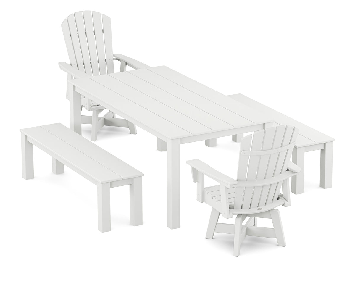 POLYWOOD Nautical Curveback Adirondack Swivel 5-Piece Parsons Dining Set with Benches in White