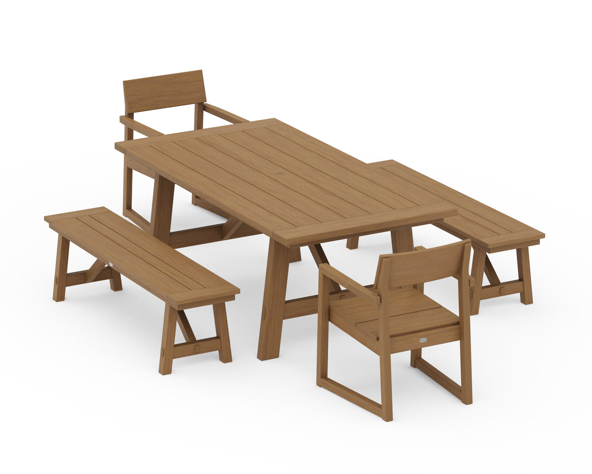 POLYWOOD EDGE 5-Piece Rustic Farmhouse Dining Set with Benches in Natural