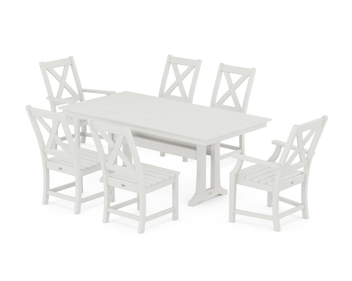 POLYWOOD Braxton 7-Piece Farmhouse Dining Set with Trestle Legs in Vintage White