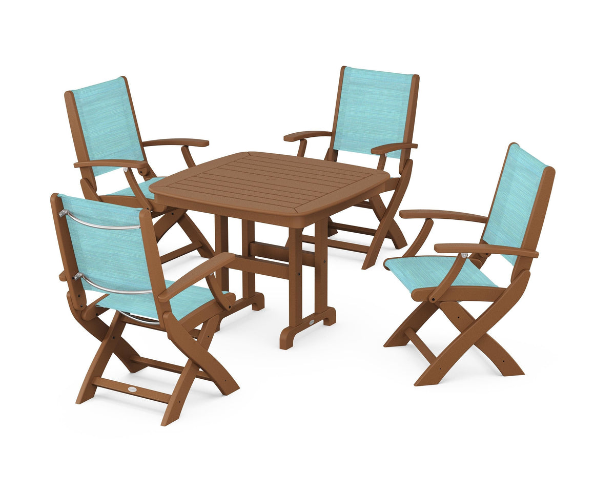 POLYWOOD Coastal Folding Chair 5-Piece Dining Set with Nautical 37" Dining Table in Teak / Dupioni Aquamarine