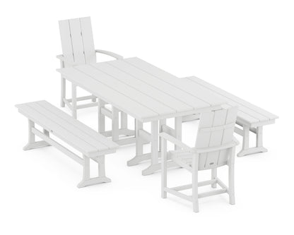 POLYWOOD Modern Adirondack 5-Piece Farmhouse Dining Set with Benches - 37" x 72" Table in White