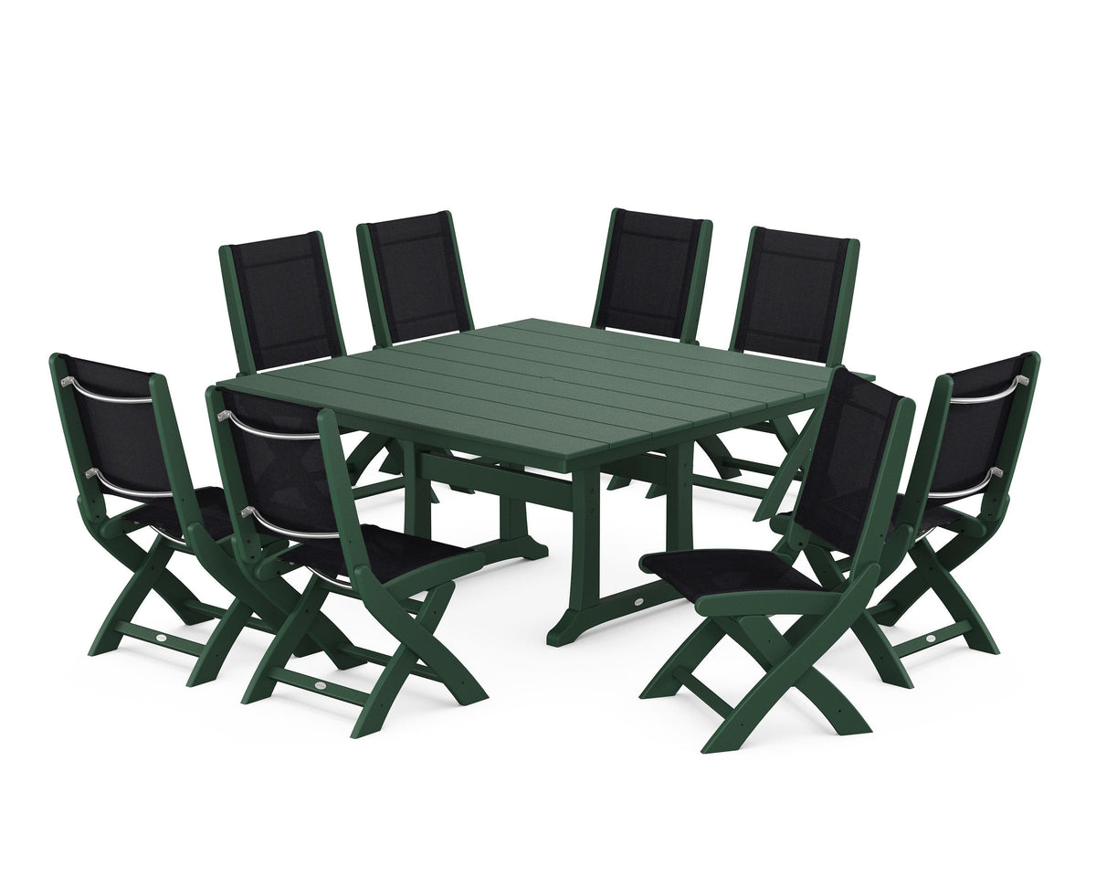 POLYWOOD Coastal Folding Side Chair 9-Piece Farmhouse Dining Set in Green / Black