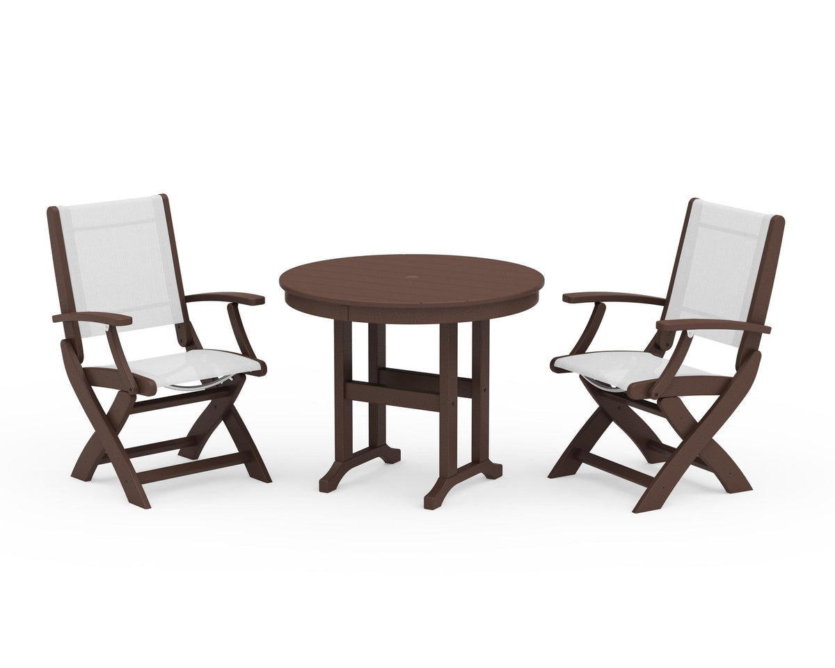 POLYWOOD Coastal Folding Chair 3-Piece Round Dining Set in Mahogany / White