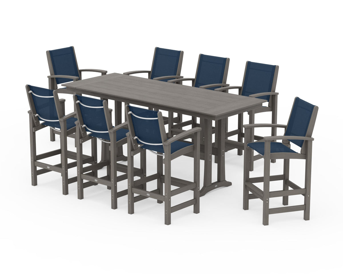 POLYWOOD Coastal 9-Piece Farmhouse Bar Set with Trestle Legs in Driftwood / Navy Blue