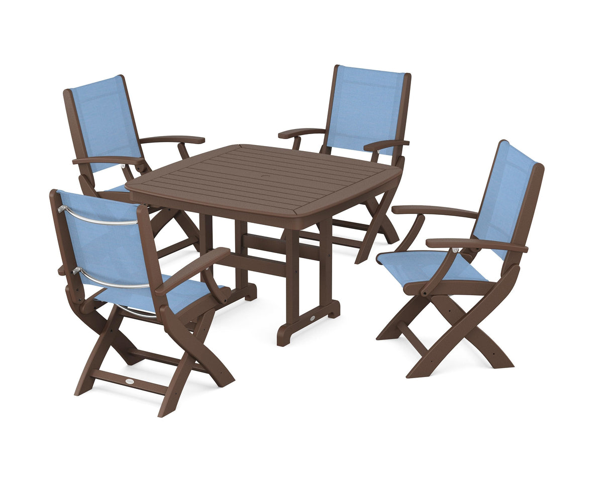 POLYWOOD Coastal Folding Chair 5-Piece Dining Set with Nautical 44" Dining Table in Mahogany / Poolside