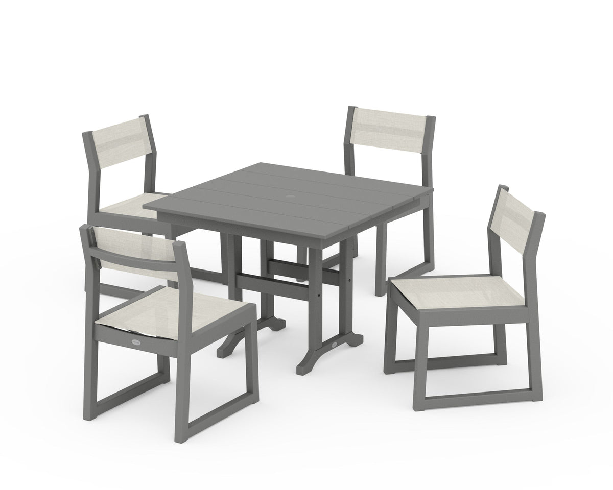 POLYWOOD EDGE Sling Side Chair 5-Piece Farmhouse Dining Set in Slate Grey / Parchment