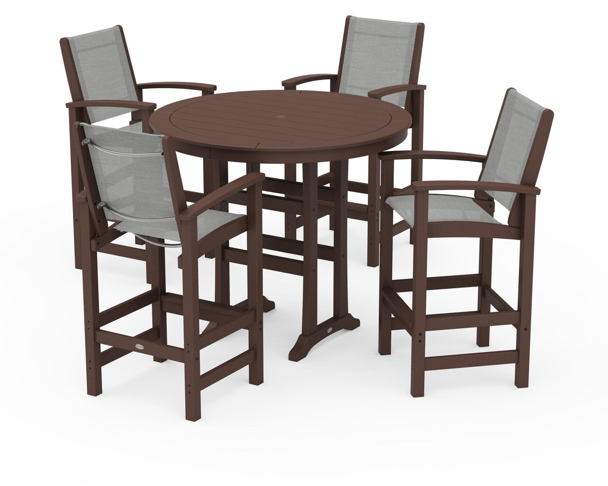 POLYWOOD Coastal 5-Piece Nautical Trestle Bar Set in Mahogany / Metallic