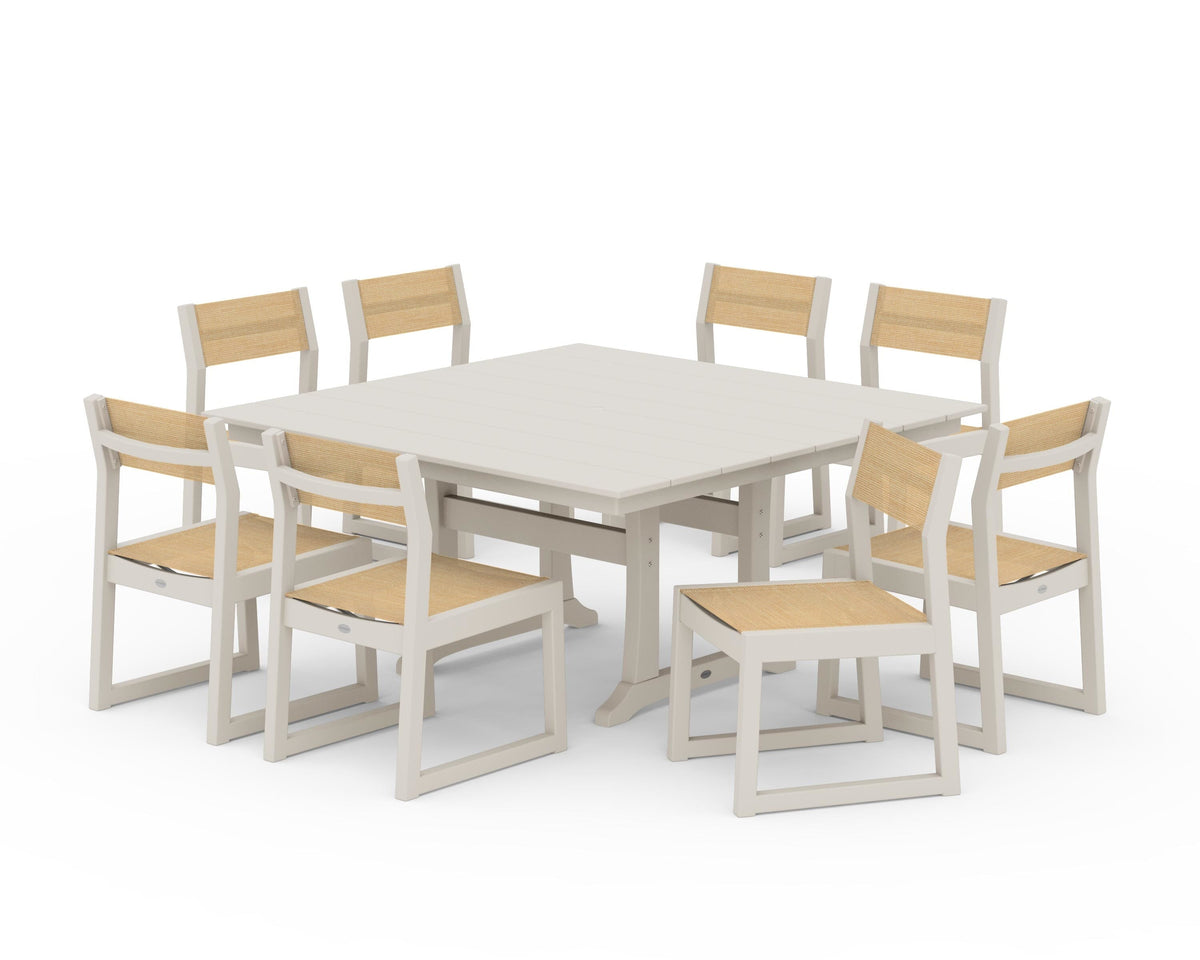 POLYWOOD EDGE Sling Side Chair 9-Piece Farmhouse Trestle Dining Set in Sand / Dupioni Apricot