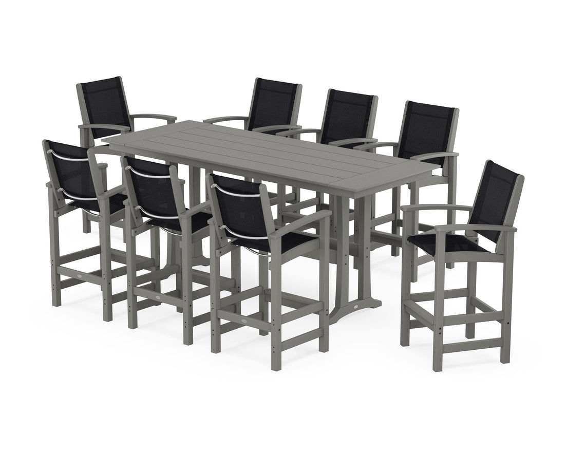 POLYWOOD Coastal 9-Piece Farmhouse Bar Set with Trestle Legs in Slate Grey / Black