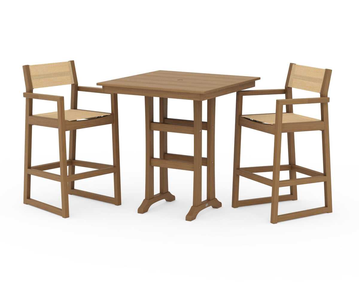 POLYWOOD EDGE Sling Arm Chair 3-Piece Farmhouse Bar Set with Trestle Legs in Natural / Dupioni Apricot