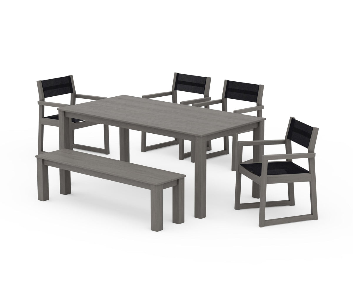 POLYWOOD EDGE Sling Arm Chair 6-Piece Parsons Dining Set with Bench in Driftwood / Black
