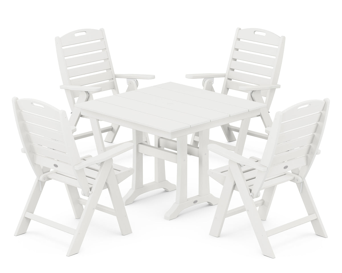 POLYWOOD Nautical Folding Highback Chair 5-Piece Farmhouse Trestle Dining Set in Vintage White