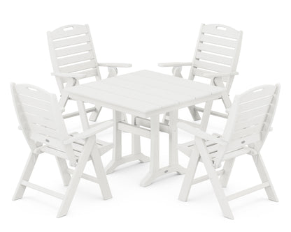 POLYWOOD Nautical Folding Highback Chair 5-Piece Farmhouse Trestle Dining Set in Vintage White