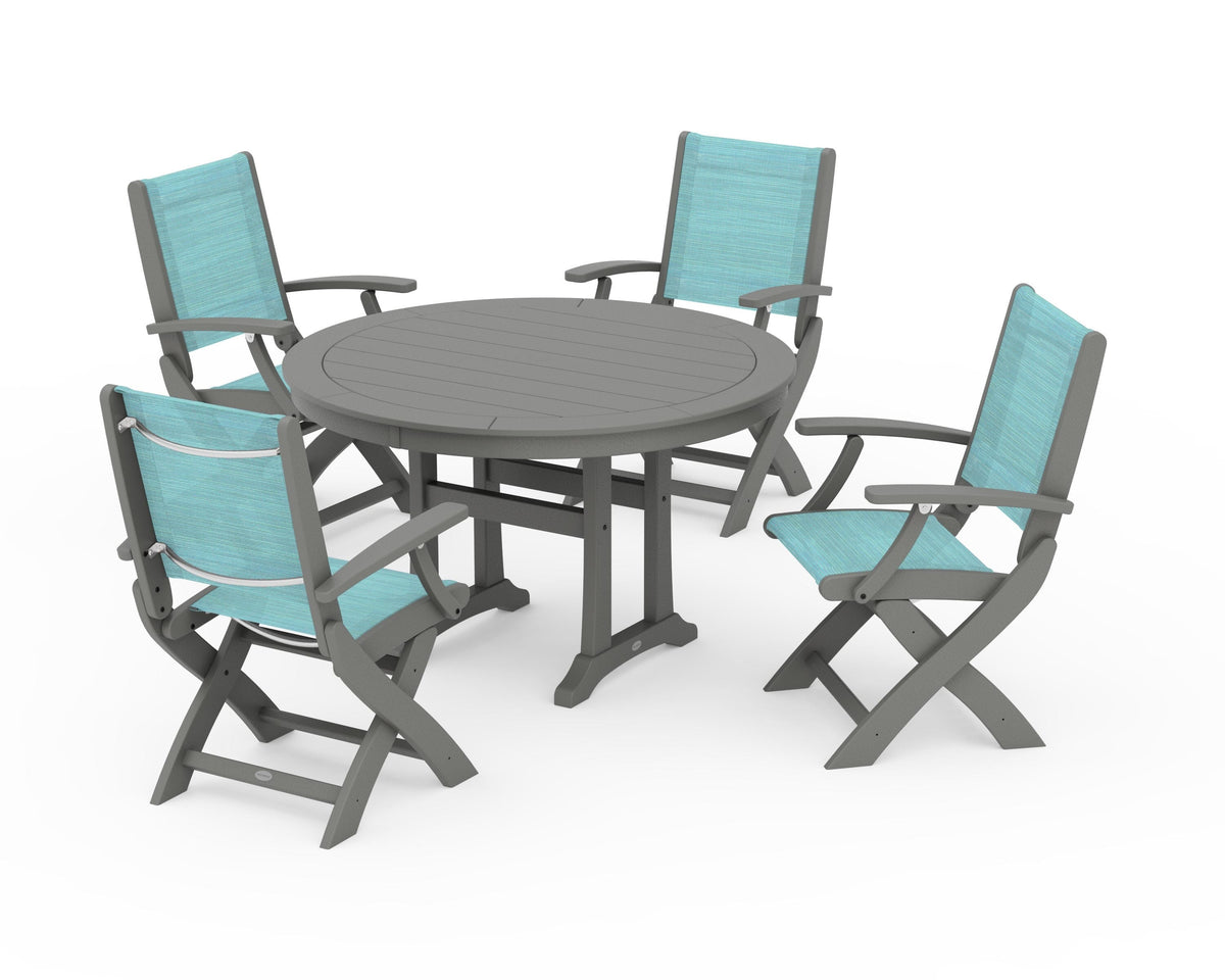 POLYWOOD Coastal Folding Chair 5-Piece Round Dining Set with Trestle Legs in Slate Grey / Dupioni Aquamarine