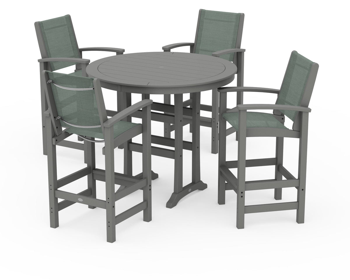 POLYWOOD Coastal 5-Piece Nautical Trestle Bar Set in Slate Grey / Dupioni Sea Mist