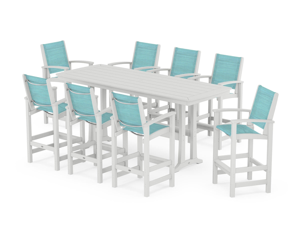 POLYWOOD Coastal 9-Piece Bar Set with Trestle Legs in White / Dupioni Aquamarine