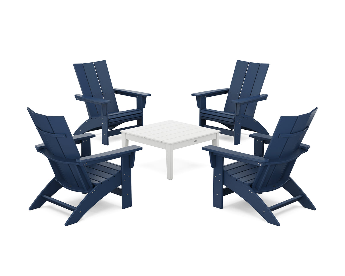 POLYWOOD 5-Piece Modern Grand Adirondack Chair Conversation Group in Navy / White