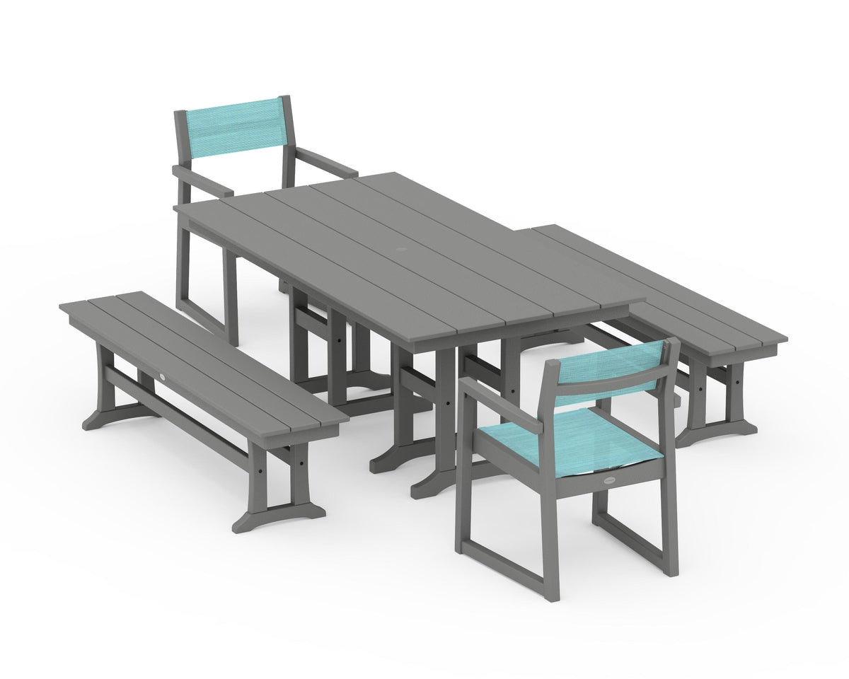 POLYWOOD EDGE Sling Arm Chair 5-Piece Farmhouse Dining Set with Benches in Slate Grey / Dupioni Aquamarine