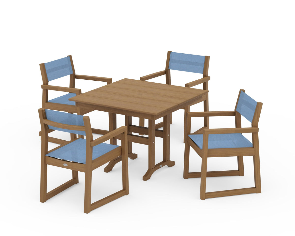 POLYWOOD EDGE Sling Arm Chair 5-Piece Farmhouse Dining Set in Natural / Poolside