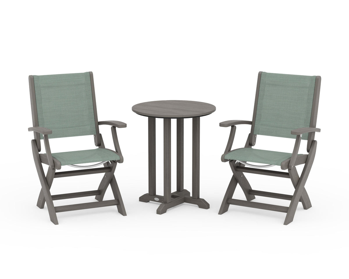 POLYWOOD Coastal Folding 3-Piece Round Bistro Dining Set in Driftwood / Dupioni Sea Mist