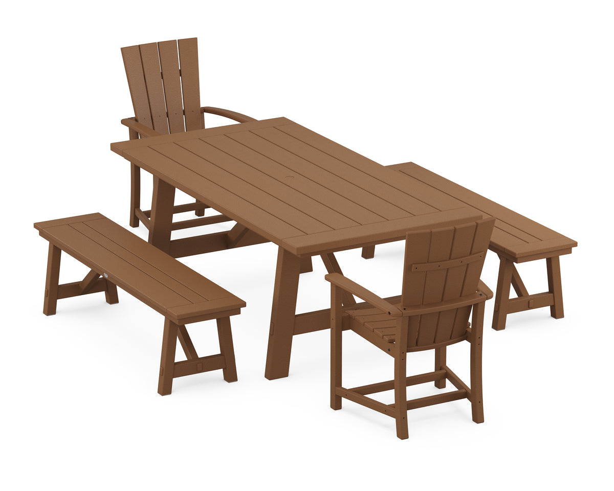 POLYWOOD Quattro 5-Piece Rustic Farmhouse Dining Set with Benches in Teak