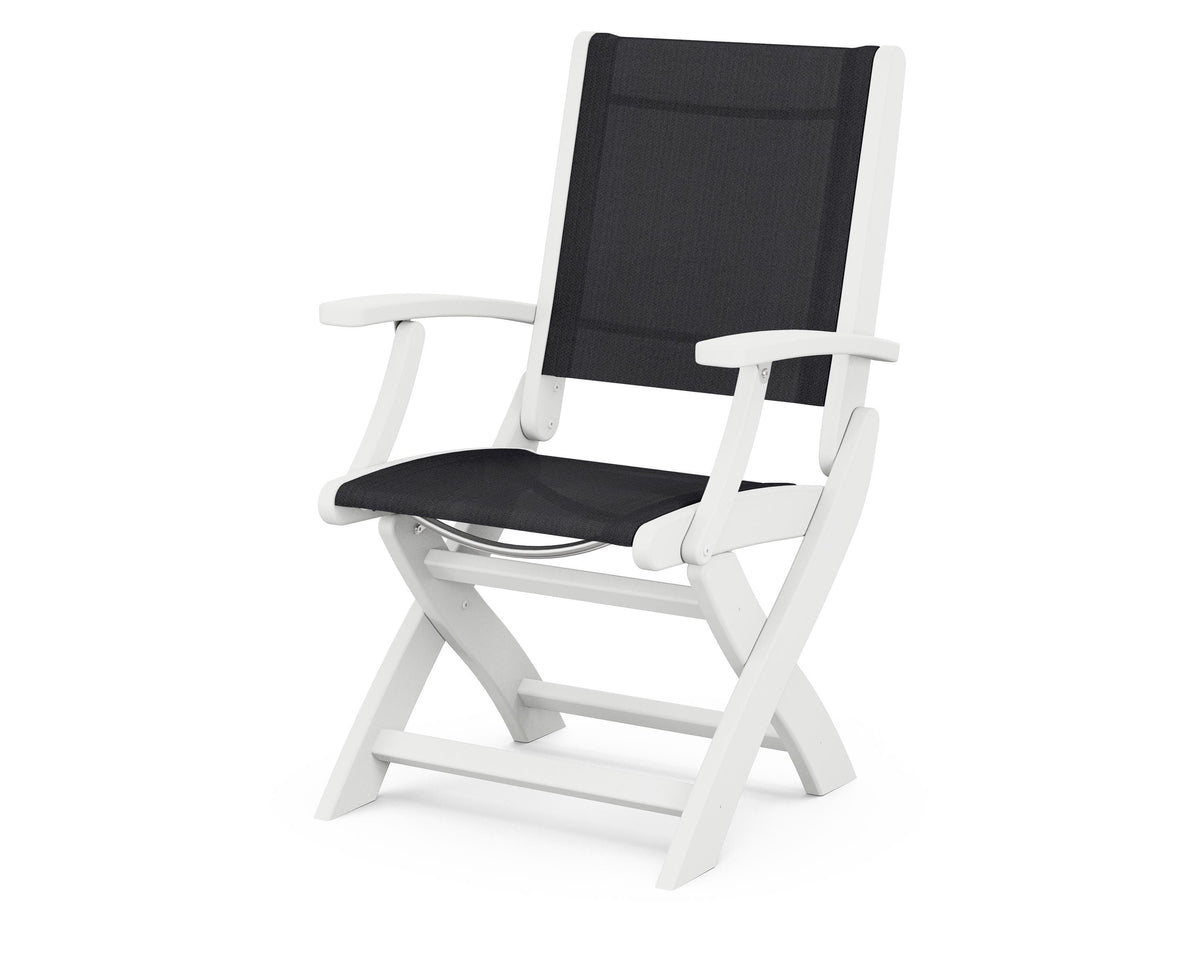 POLYWOOD Coastal Folding Chair in White with White arms and Black sling