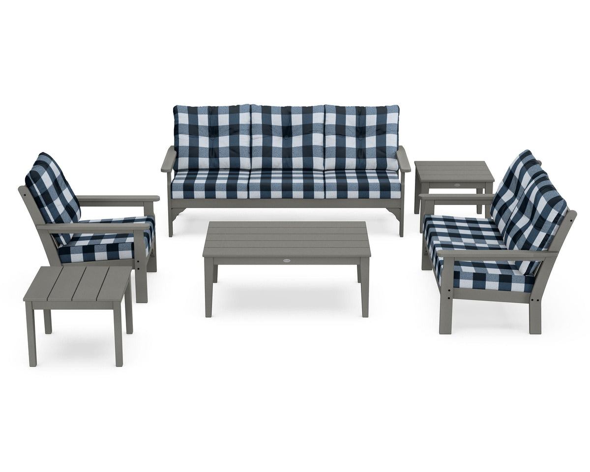 POLYWOOD Vineyard 6-Piece Deep Seating Set in Slate Grey / Buffalo Plaid Marine Indigo