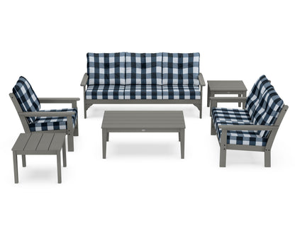 POLYWOOD Vineyard 6-Piece Deep Seating Set in Slate Grey / Buffalo Plaid Marine Indigo