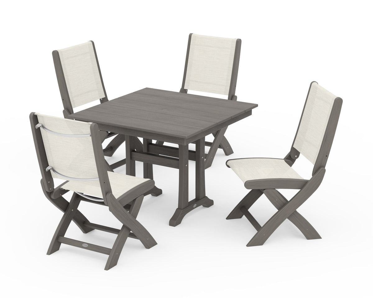 POLYWOOD Coastal Folding Side Chair 5-Piece Farmhouse Dining Set With Trestle Legs in Driftwood / Parchment