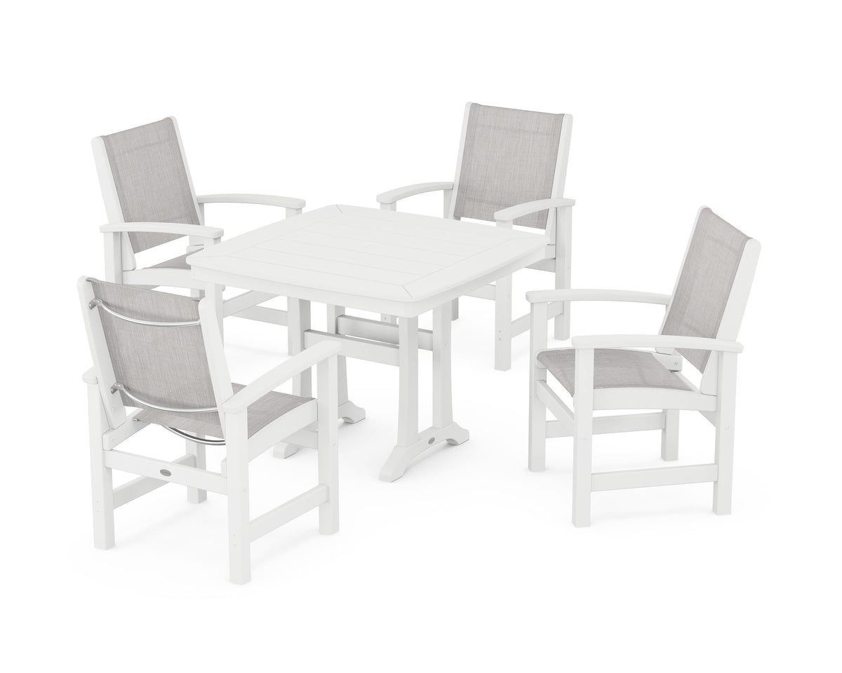 POLYWOOD Coastal 5-Piece Dining Set with Trestle Legs with Nautical Trestle 37" Dining Table in White / Parchment