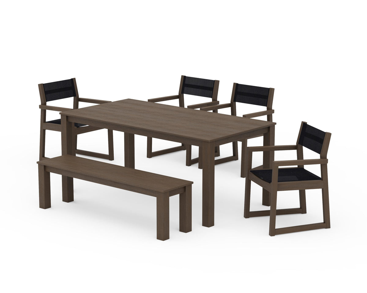 POLYWOOD EDGE Sling Arm Chair 6-Piece Parsons Dining Set with Bench in Kona / Black