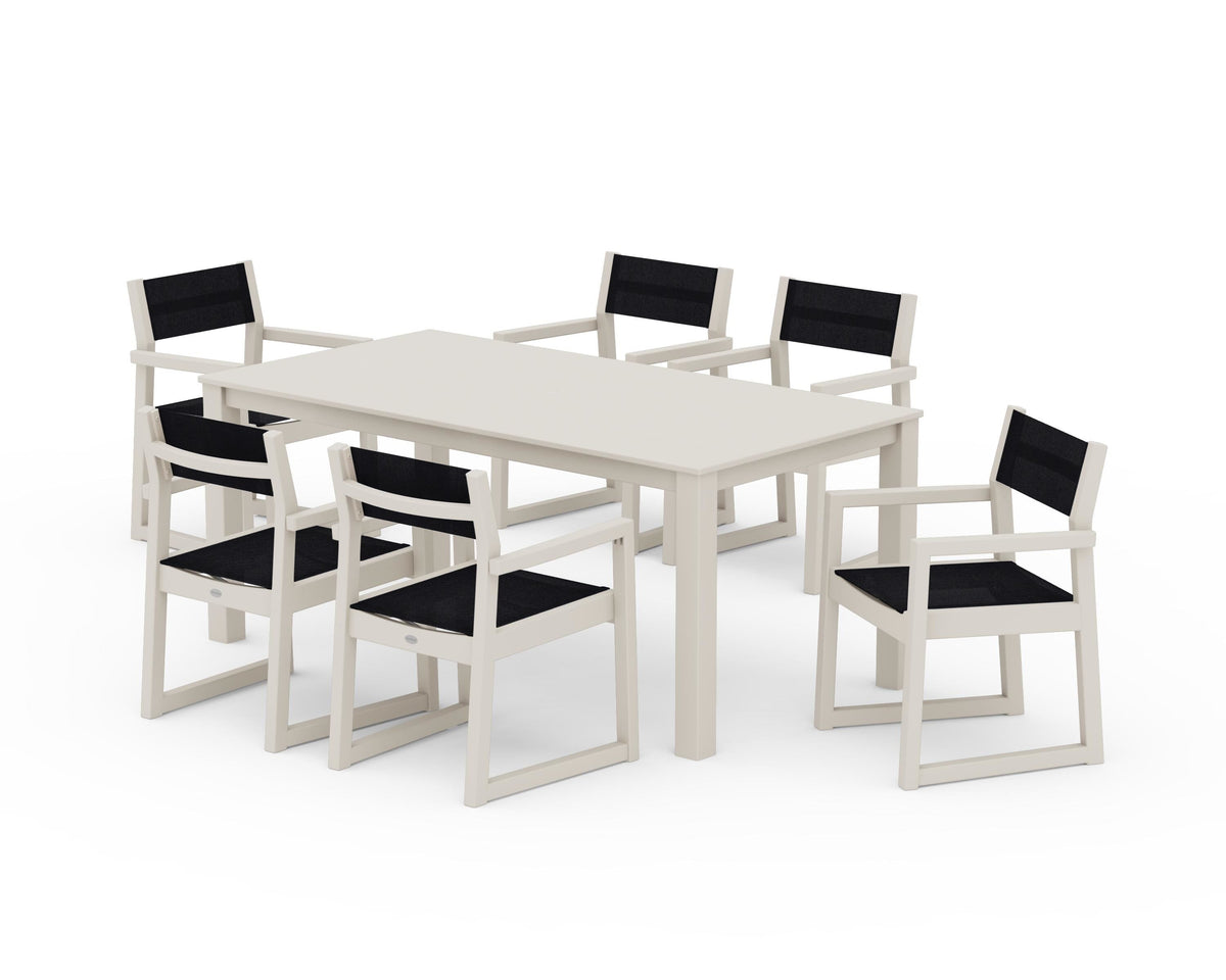 POLYWOOD EDGE Sling Arm Chair 7-Piece Parsons Dining Set in Sand / Black