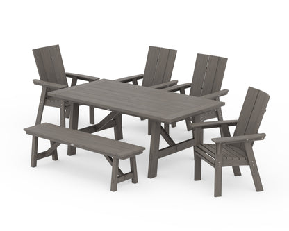 POLYWOOD Modern Curveback Adirondack 6-Piece Rustic Farmhouse Dining Set with Bench in Driftwood