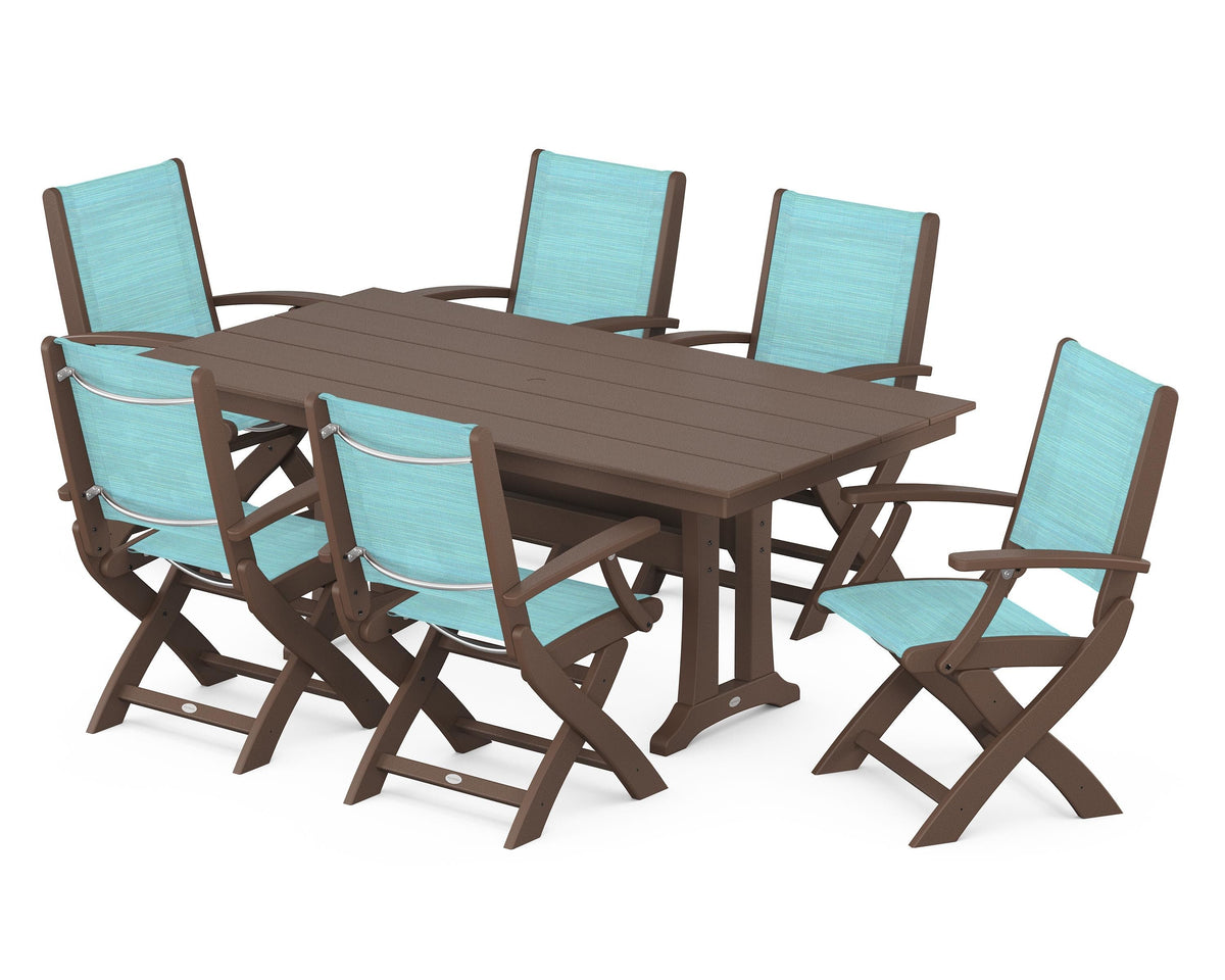 POLYWOOD Coastal Folding Arm Chair 7-Piece Farmhouse Dining Set with Trestle Legs in Mahogany / Dupioni Aquamarine