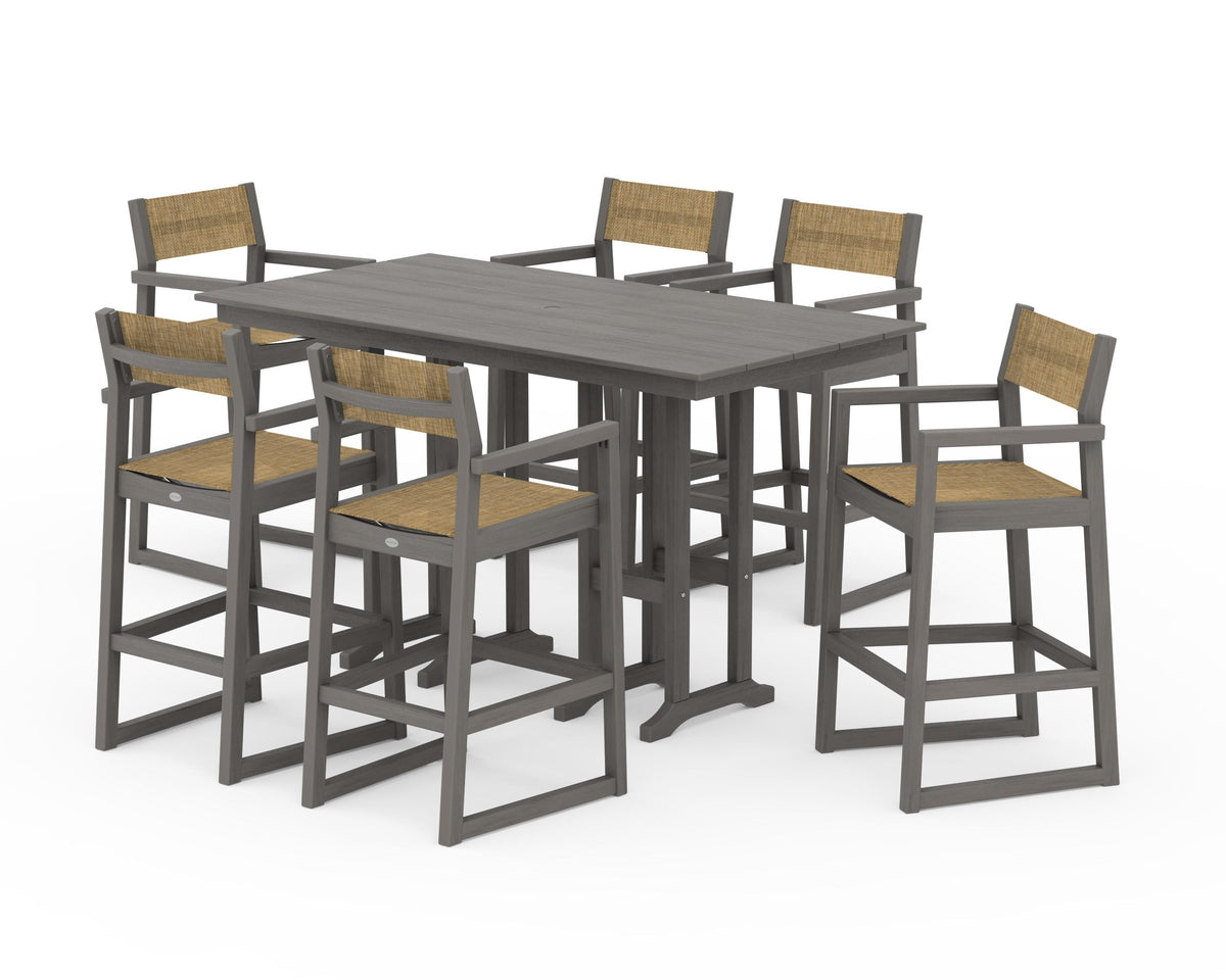 POLYWOOD EDGE Sling Arm Chair 7-Piece Farmhouse Bar Set in Driftwood / Burlap