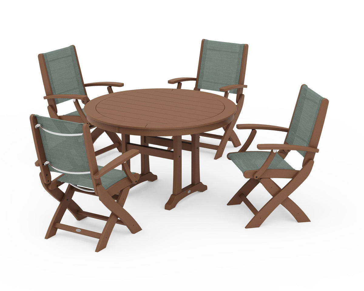 POLYWOOD Coastal Folding Chair 5-Piece Round Dining Set with Trestle Legs in Teak / Dupioni Sea Mist