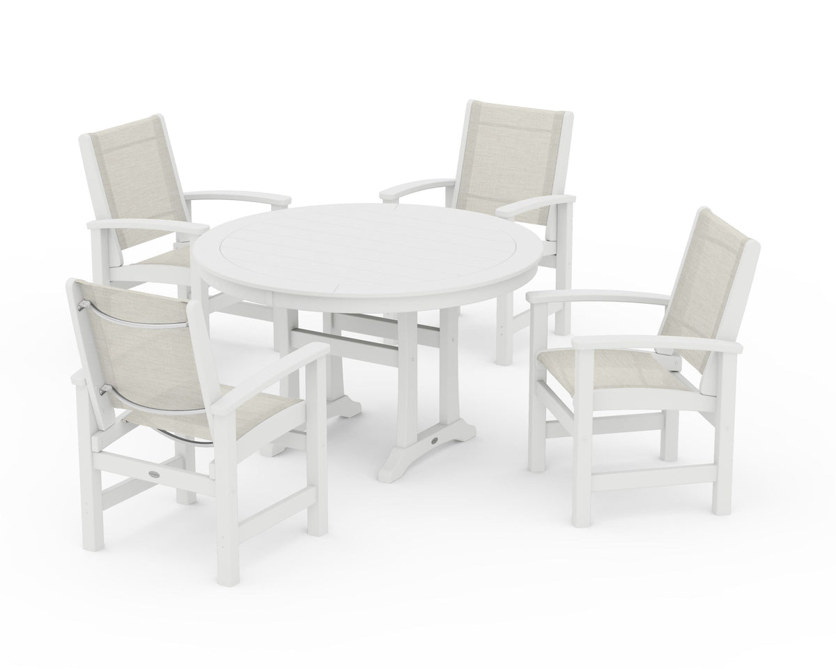 POLYWOOD Coastal 5-Piece Round Dining Set with Trestle Legs in White / Parchment