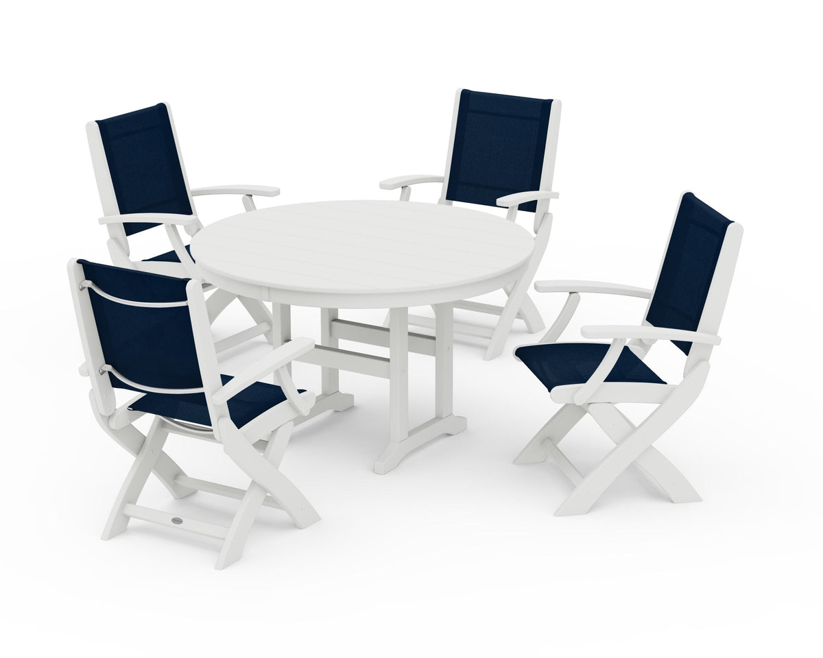 POLYWOOD Coastal Folding Chair 5-Piece Round Dining Set in Vintage White / Navy Blue