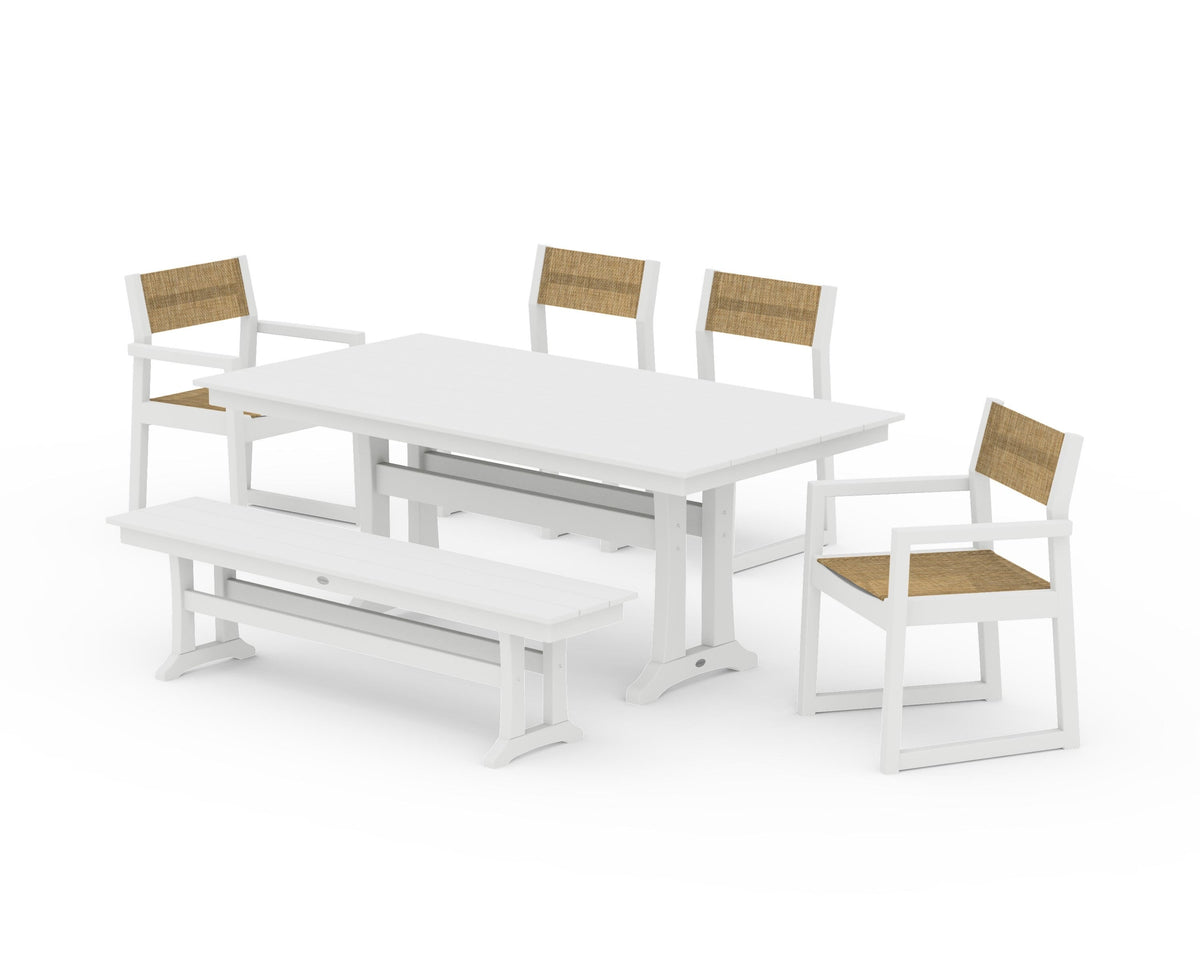 POLYWOOD EDGE Sling 6-Piece Farmhouse Dining Set With Trestle Legs in White / Burlap