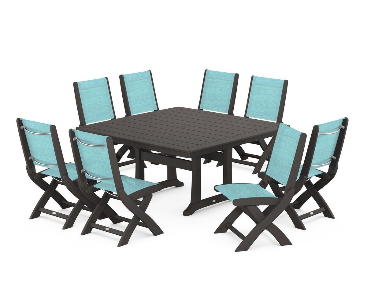 POLYWOOD Coastal Folding Side Chair 9-Piece Dining Set with Trestle Legs in Vintage Coffee / Dupioni Aquamarine