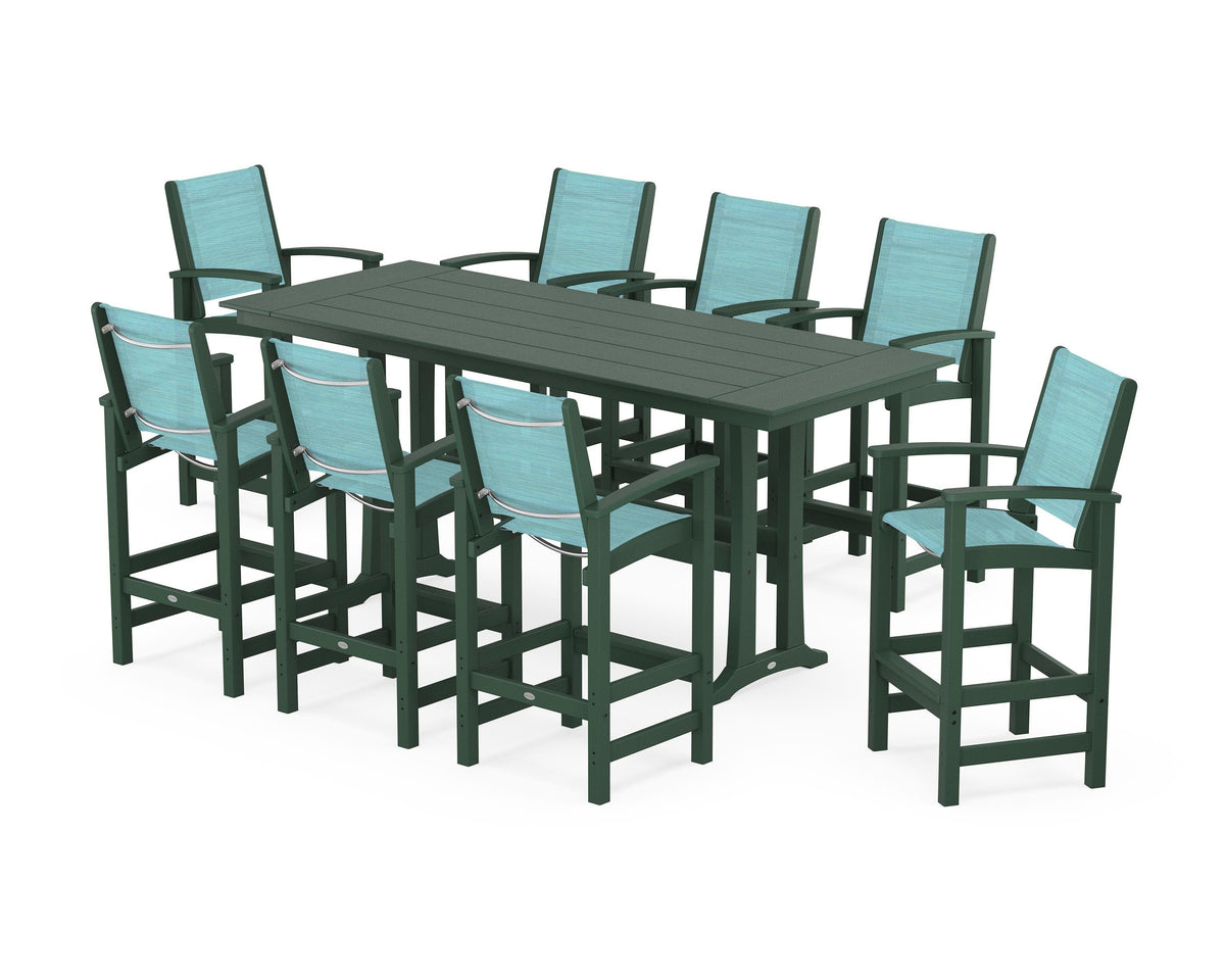 POLYWOOD Coastal 9-Piece Farmhouse Bar Set with Trestle Legs in Green / Dupioni Aquamarine