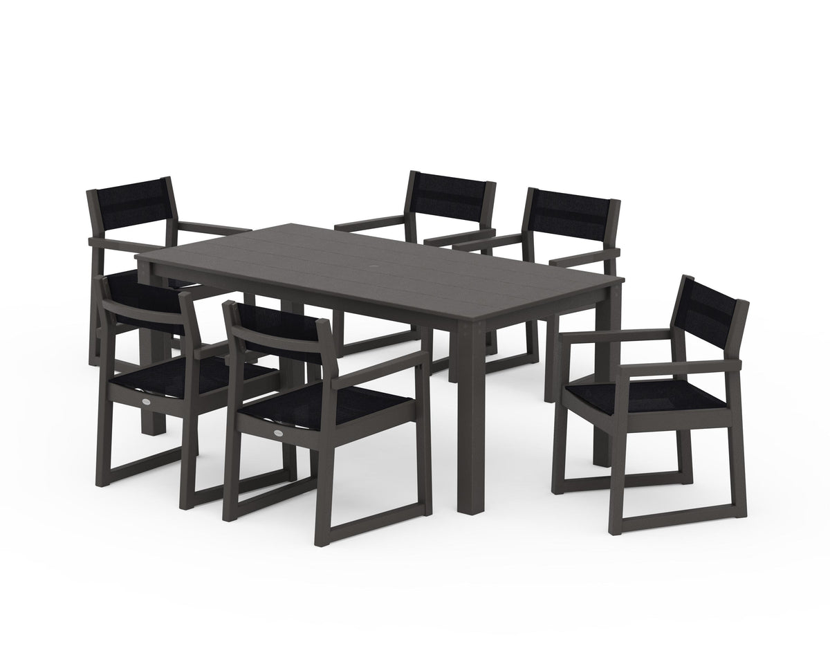 POLYWOOD EDGE Sling Arm Chair 7-Piece Parsons Dining Set in Vintage Coffee / Black