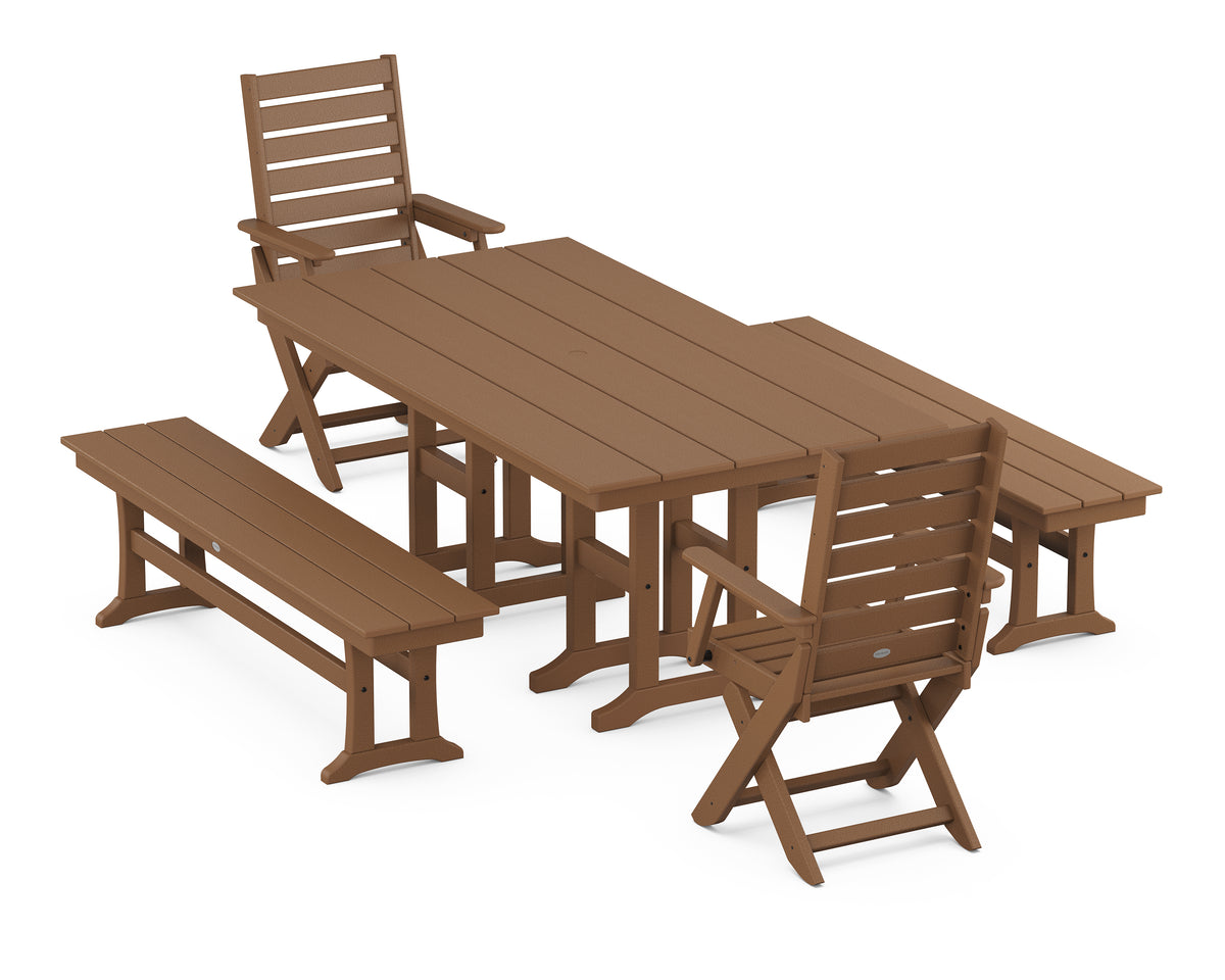 POLYWOOD Captain Folding Chair 5-Piece Farmhouse Dining Set with Benches in Teak