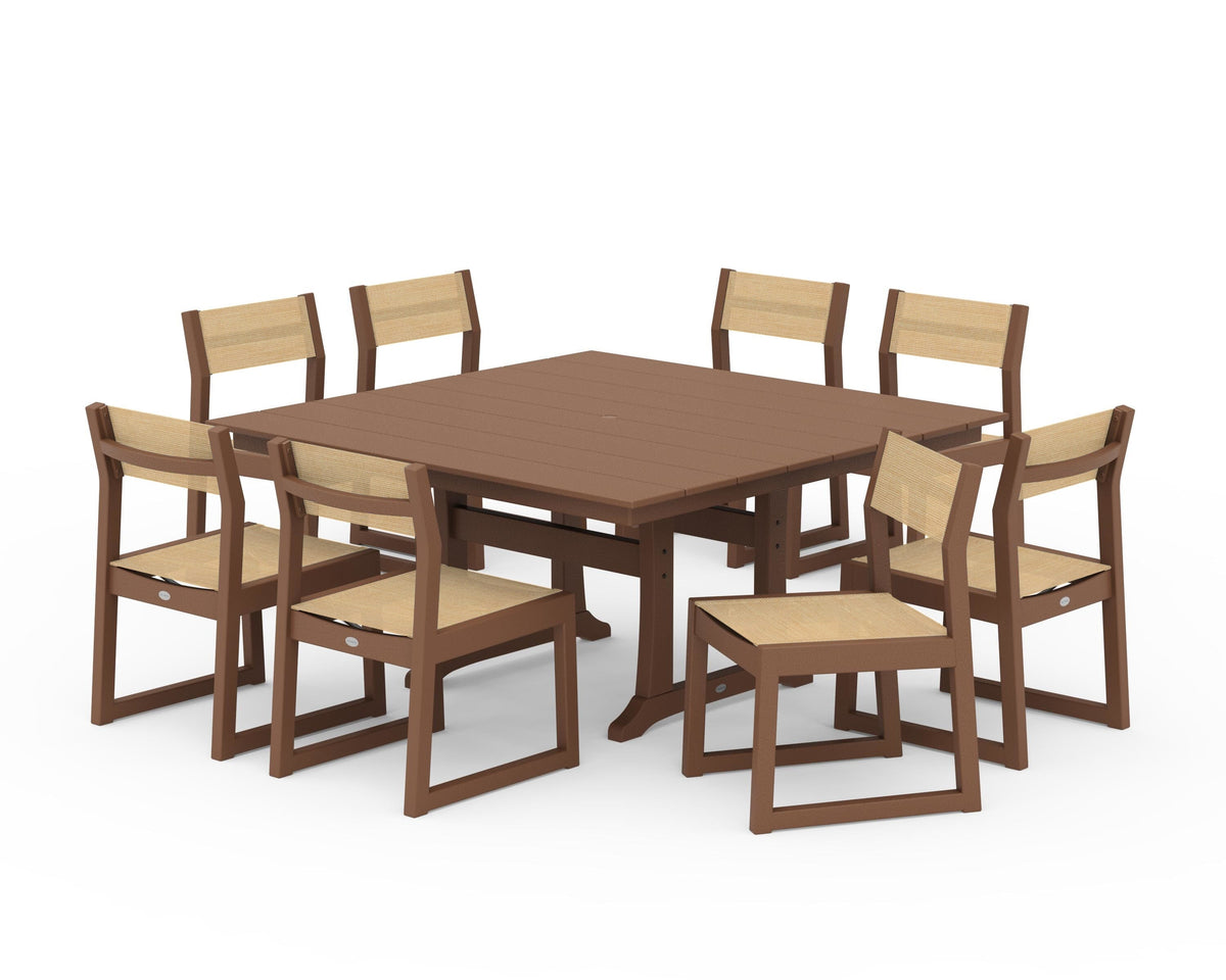 POLYWOOD EDGE Sling Side Chair 9-Piece Farmhouse Trestle Dining Set in Teak / Dupioni Apricot